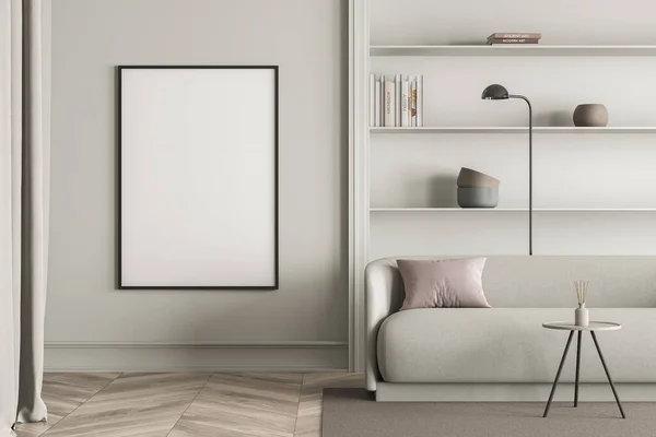 Interior Sala Estar Com Cartaz Branco Vazio Sofá Confortável Livros — Fotografia de Stock