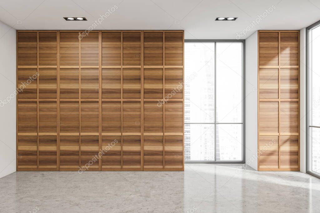Empty bedroom space with sliding door wardrobes, wood panelling, two windows, concrete flooring and white ceiling with two lights. A concept of modern apartment design. 3d rendering