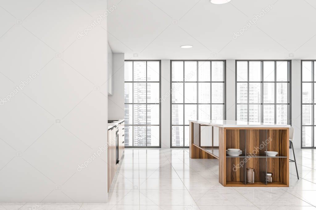 Bright kitchen room interior with empty white wall, table, bar stool, panoramic windows with skyscraper view, cooker and tile floor. Concept of minimalist Scandinavian design. Mock up. 3d render