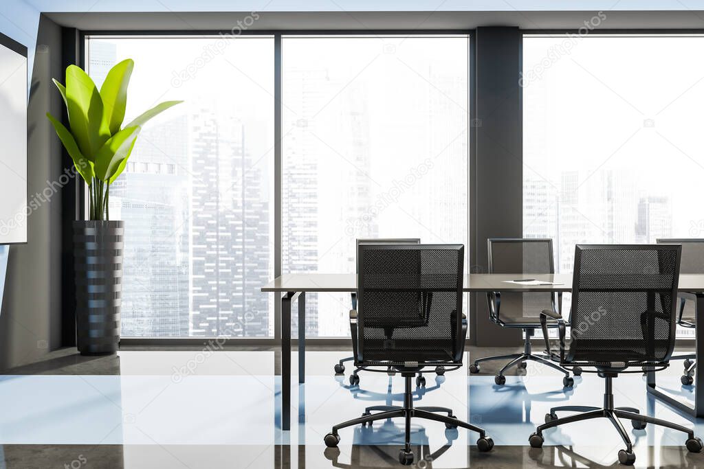Office room interior with white empty roll up banner, panoramic window with city skyscraper view, concrete floor, five armchairs and table. Concept of place for important meetings. 3d render