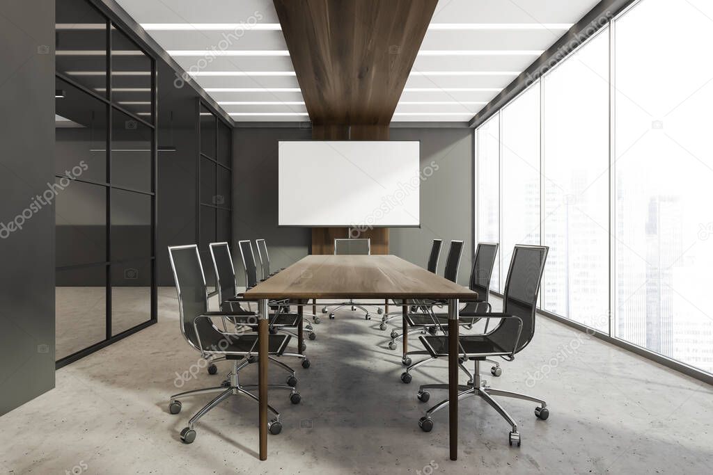 Panoramic conference room interior with table, rolling chairs, LED lights, white board, glass partition, dark wood details and concrete floor. A concept of modern office building design. 3d rendering