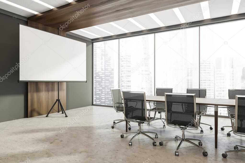 Panoramic meeting room interior with table, rolling chairs, LED lights, horizontal flip chart, dark wood details and concrete floor. A concept of modern office building design. 3d rendering