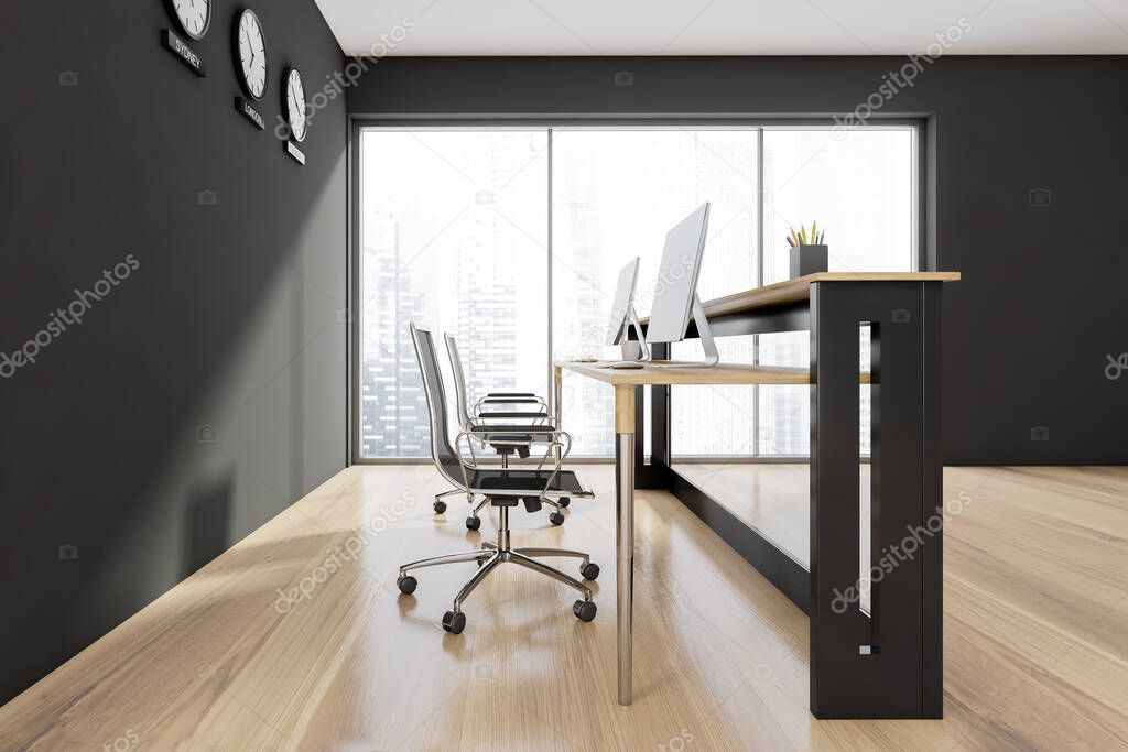 Side view of the combined glass reception desk, standing in the empty workspace with black walls, wooden floor and panoramic background. A concept of modern office interior design. 3d rendering