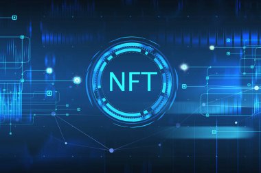 Finansal olmayan tocken simgesi (NFT) ve soyut çizgiler için kısaltma, koyu mavi renkli neon yeşil ışıklandırma ile holografik siber uzayı sembolize eder. 3d oluşturma