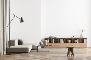 Minimalist bej oturma odası içi boş duvarlar, L kanepesi, yer lambası, sehpa, tabure, perdeler, halı ve büfe. Parke. Modern ev tasarımı kavramı. 3d oluşturma