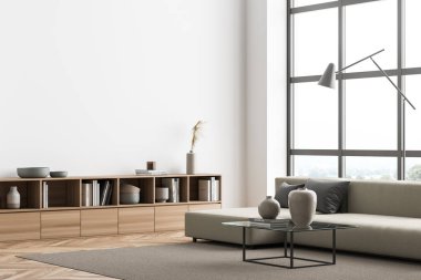 Minimalist panoramik oturma odasının köşesinde boş duvar, kanepe, lamba, sehpa, halı ve büfe var. Parke. Modern ev tasarımı kavramı. 3d oluşturma