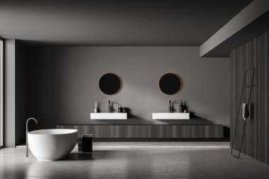 Küvetli karanlık banyo, panoramik pencere, halı, beton zemin, çift lavabo, iki yuvarlak ayna, pompa ve musluk. Sağlık için hijyenik ve spa prosedürleri kavramı. 3d oluşturma