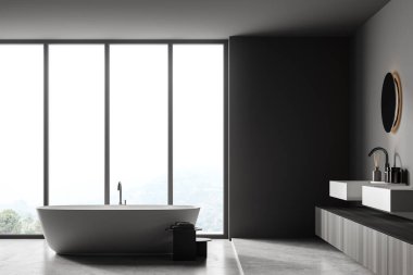 Banyonun iç tarafında küvet, panoramik pencere, halı, beton zemin, lavabo, yuvarlak ayna, pompa ve musluk var. Sağlık için hijyenik ve spa prosedürleri kavramı. 3d oluşturma