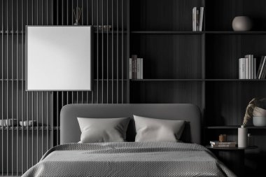 Karanlık yatak odası, büyük yatak odası, beyaz poster, lamba, sehpa ve kitaplık. Soğukluk ve rahatlama için İskandinav minimalist tasarımı kavramı. 3d oluşturma