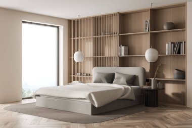 Geniş yatak odası, panoramik pencere, halı, lambalar, sehpa ve meşe ağacından parke. Soğukluk ve rahatlama için İskandinav minimalist tasarımı kavramı. 3d oluşturma