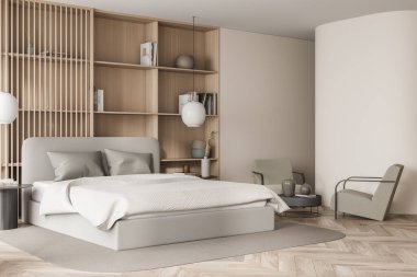 Geniş yatak odası, iki koltuk, halı, lambalar, sehpa ve meşe ağacından parke. Soğukluk ve rahatlama için İskandinav minimalist tasarımı kavramı. 3d oluşturma