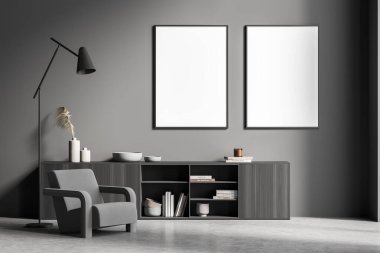 Bekleme odasının gri duvarında iki model tuval, koltuk, lamba, büfe ve beton döşeme. Modern ev tasarımı kavramı. 3d oluşturma