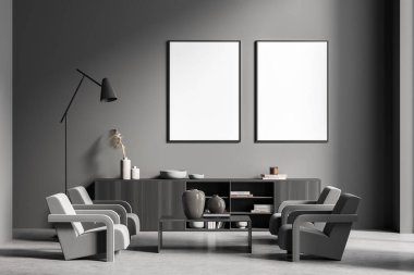 Bekleme odasının gri duvarında iki model tuval, kahve masası, dört koltuk, lamba, kuşatma tahtası ve beton döşeme. Modern ev tasarımı kavramı. 3d oluşturma