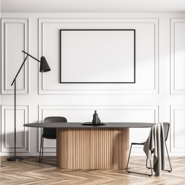 Orijinal yemek odasındaki beyaz duvarda siyah kapaklı, şık sandalyeli ve lambalı yatay poster var. Parke. Modern ev tasarımı kavramı. 3d oluşturma