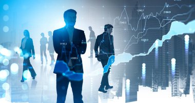 Bir grup iş adamı yeni ticaret stratejisini tartışmak için birlikte çalışıyor. Arka planda Singapur City gökdeleni var. Finansal grafik ve çizelge ön planda. Takım çalışması kavramı