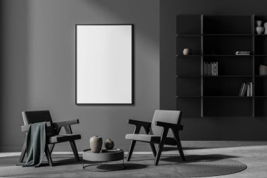 Beyaz posterli, iki koltuk, kahve masası ve beton zemini olan karanlık bir oturma odası. Minimalist İskandinav tasarımı kavramı. Buluşma için rahat bir yer. Model yap. 3d oluşturma