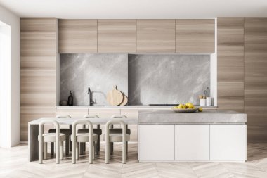 Mutfak odası içinde yemek masası, altı sandalye, ahşap parke döşeme, elektrikli tencere ve limonlar. Çağdaş İskandinav minimalist tasarımı. Yemek yapmak için mükemmel bir yer. 3d oluşturma