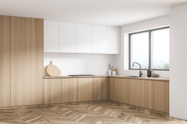 Mutfak köşesinde lavabo penceresi, basit dolap kapıları, beyaz iç mekan, ahşap mobilyalar ve parke var. Modern ev tasarımı kavramı. 3d oluşturma