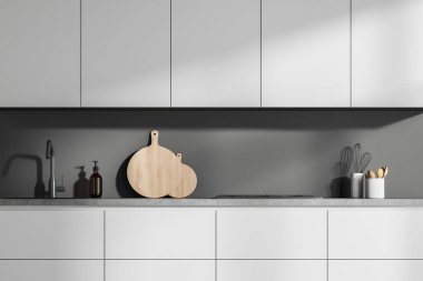 Minimalist, basit, beyaz mutfak dolabı, gri atölyesi ve arka fıskiyesi var. Modern ev tasarımı kavramı. 3d oluşturma