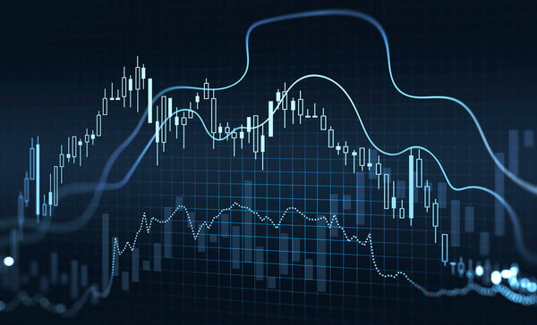 Five symbolic holographic charts of different types with candlesticks, dots and bars with squared layer on the dark blue background. Financial forex concepts. 3d rendering