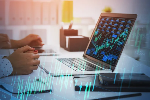 Two Businesswomen Sitting Workplace Office Analyzing Forex Chart Graph Candlesticks — Stock Photo, Image