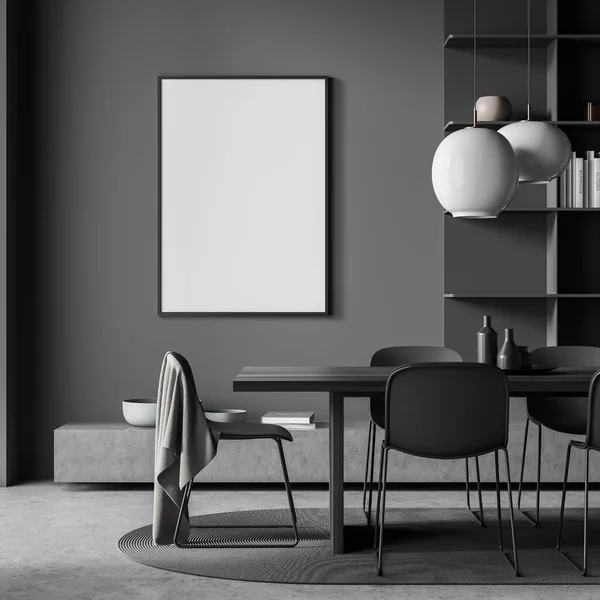 Dunkles Wohnzimmer Mit Weißem Leeren Poster Tisch Fünf Stühlen Geschirr — Stockfoto