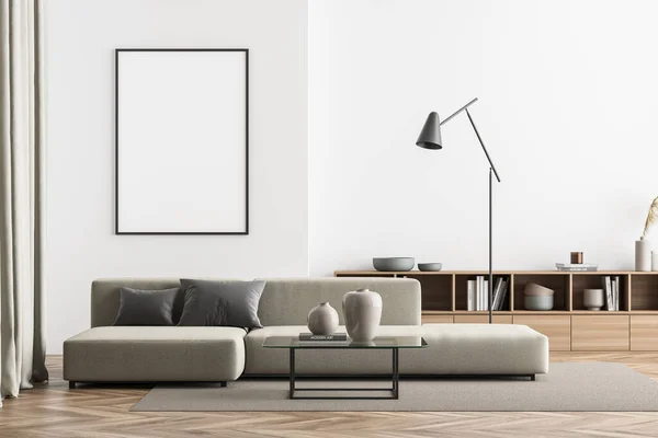 Cartel Vacío Pared Del Salón Minimalista Blanco Beige Con Sofá — Foto de Stock