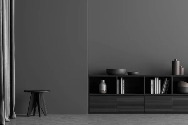 Plain Minimalistische Grijze Woonkamer Interieur Met Dressoir Accent Kruk Buurt — Stockfoto