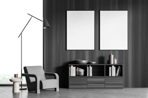 Two mockup posters in the seating area of modern house interior with minimalist grey design concept, using wood wall cover, sideboard, one seat and on trend coffee table with floor lamp. 3d rendering