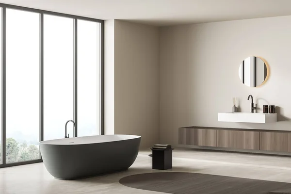 明亮的浴室内部设有浴缸 全景窗 混凝土地板 圆形镜子 水泵和水龙头 卫生和温泉保健程序的概念 3D渲染 — 图库照片