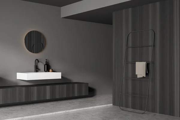 用水池 圆形镜子 毛巾和水龙头观看黑暗浴室内部的角落 卫生和温泉保健程序的概念 3D渲染 — 图库照片