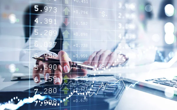 Businesswoman Wearing White Shirt Counting Calculator Taking Notes Blurred Office — Stock Photo, Image