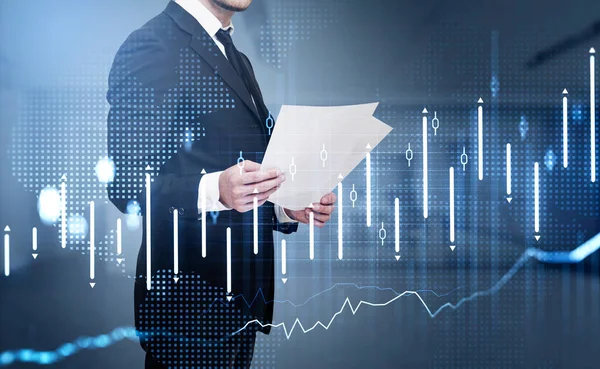 Businessman Wearing Formal Suit Standing Reading Notes Paper Blurred Office — Stock Photo, Image