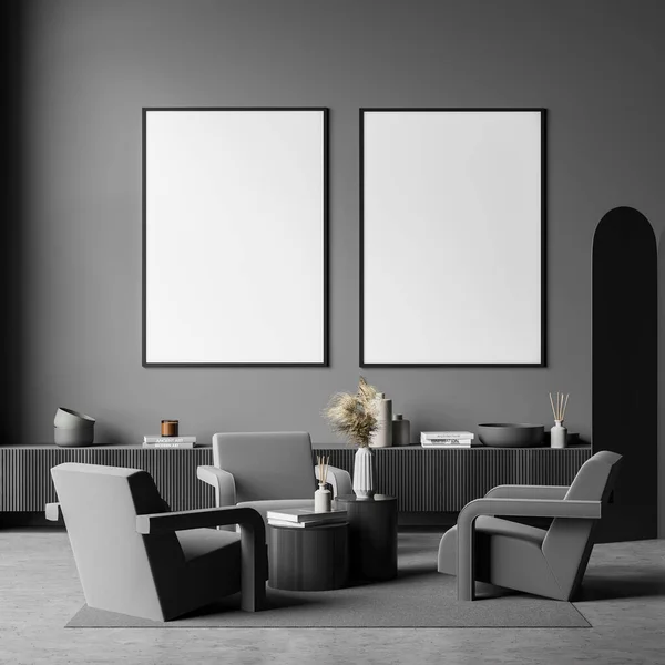 Dark living room interior with two white empty poster, three armchairs, crockery and concrete floor. Concept of minimalist Scandinavian design. Comfortable place for meeting. Mock up. 3d rendering