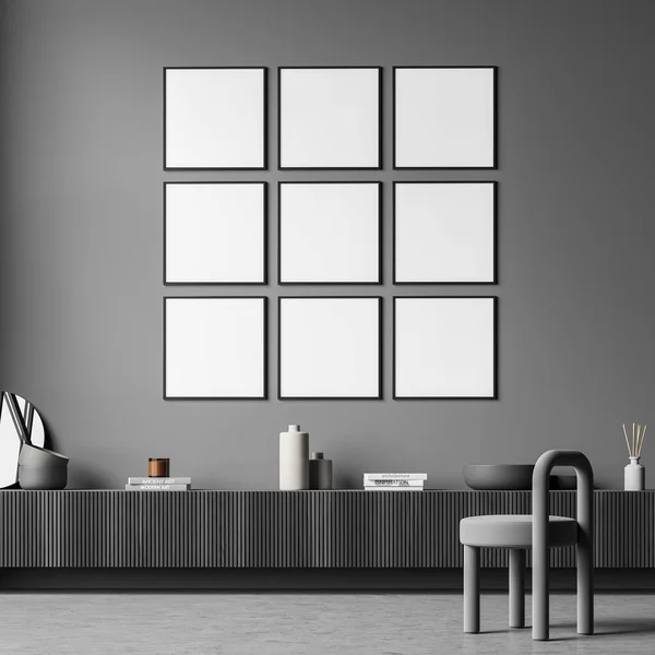 Dunkler Galerieraum Mit Neun Leeren Weißen Postern Beiger Wand Stuhl — Stockfoto