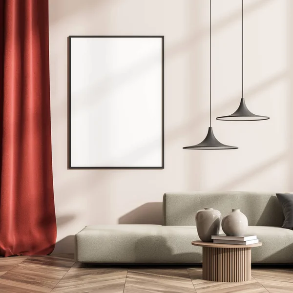 Poster with living room interior, having two minimalist pendant lamps, round coffee table, red curtain, beige sofa, light pink wall and parquet. A concept of modern house design. Mockup. 3d rendering
