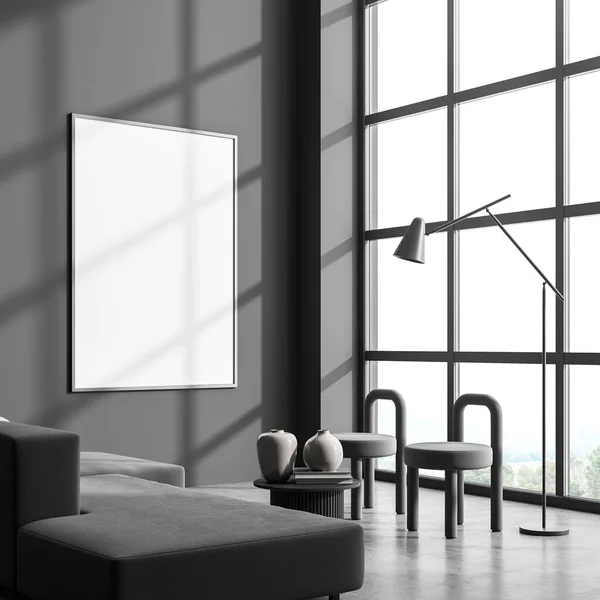 深灰色的内部与海报在客厅区域与创意的凳子 在趋势灯和沙发 水泥地面 现代室内设计的概念 把它弄坏了3D渲染 — 图库照片