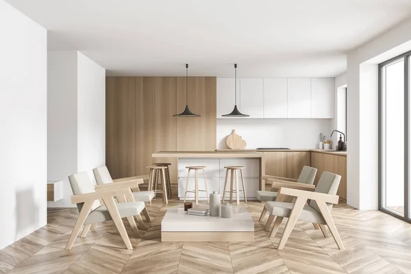 Kitchen Wooden Floor Cabinet Doors White Walls Beige Details Seating — Stock Photo, Image