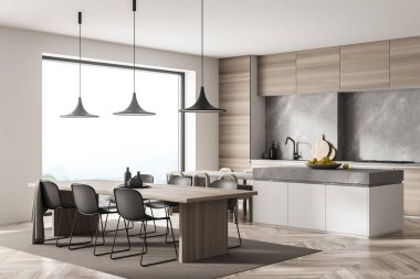 Mutfak odasının iç manzarası, yemek masası, 12 sandalye, ahşap parke zemin ve kırsal manzaralı panoramik pencere. Çağdaş İskandinav minimalist tasarımı. 3d oluşturma