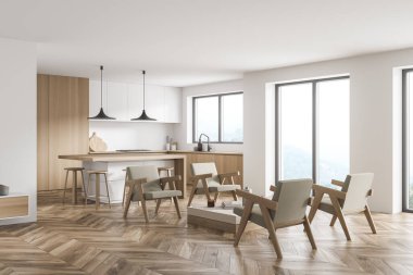 Beyaz duvarlı köşe ahşap mutfak, oturma alanının bej rengi detayları, moda kolyelerinde iki tane, panoramik manzara ve lavabonun üzerinde bir pencere. Modern ev tasarımı kavramı. 3d oluşturma