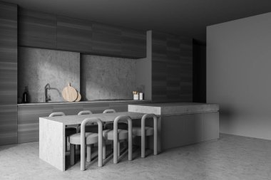 Koyu renk mutfak odası manzarası, yemek masası, altı sandalye, beton zemin, elektrikli ocak. Çağdaş İskandinav minimalist tasarımı. Yemek yapmak için mükemmel bir yer. 3d oluşturma