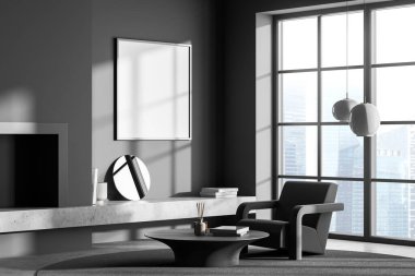 İçi beyaz boş posterli, panoramik pencereli, gökdelen manzaralı, koltuklu, şömine, halı, gri duvar, beton zemin. Minimalist tasarım kavramı. Model yap. 3d oluşturma