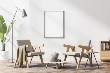 Oturma odasının içi beyaz boş poster, iki rahat koltuk, kitaplar, kitaplık, büfe, çanak çömlek ve meşe ağacından parke zemin. Minimalist tasarım kavramı. Model yap. 3d oluşturma