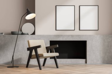 Duvarda minimalist tasarım konsepti için bej ve gri oturma alanına bağlı koltuk, parke ve modaya uygun lamba kullanan iki poster ve şömine var. Modelleme. 3d oluşturma