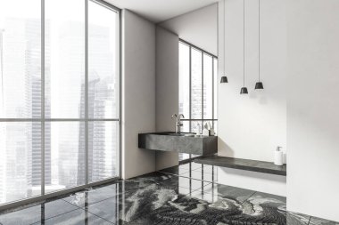 Lavabo, beyaz duvar, ayna, gökdelen manzaralı panoramik pencere ve mermer zemin. Sağlık için hijyenik ve spa prosedürleri kavramı. 3d oluşturma