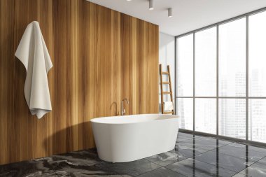 Parlak banyo manzarası, banyo küveti, ahşap duvar, havlu, merdiven, gökdelen manzaralı panoramik pencere ve mermer zemin. 33d 'lik sağlıklı betimleme için hijyenik ve spa prosedürleri kavramı