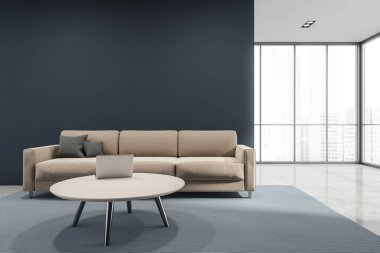 Minimalist panoramik mavi oturma odasının içinde bej kanepe, kahve masası, halı ve gri beton döşeme olan beyaz tavan. Modern apartman tasarımı kavramı. 3d oluşturma