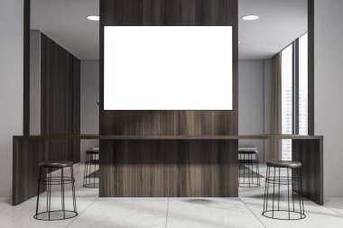 Parlak yatak odası içi boş beyaz poster, ayna, bar taburesi, panoramik pencere ve beton döşeme. Soğukluk ve rahatlama için İskandinav minimalist tasarımı kavramı. 33d oluşturma ile alay et