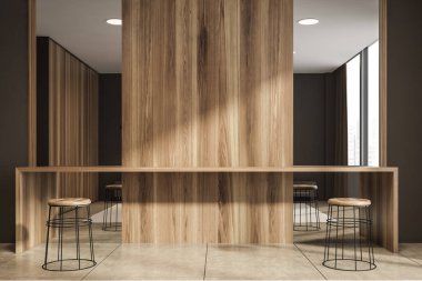 Karanlık yatak odasının içinde ayna, bar taburesi, panoramik pencere ve beton döşeme var. Soğukluk ve rahatlama için İskandinav minimalist tasarımı kavramı. 3d oluşturma