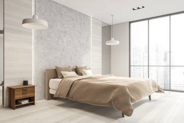 Panoramik yatak odasının iç tarafında gri taş ve beyaz ahşap malzemeler, parke, bir yatak, bir komodin ve iki kolye lambası var. Modern apartman tasarımı kavramı. 3d oluşturma